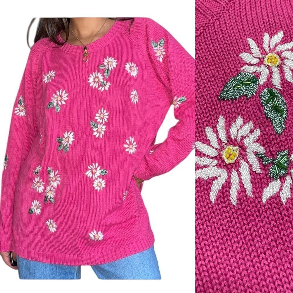 Quacker Factory Daisy Embroidered Pink Knit Sweater Size Medium